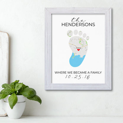 Baby Footprint Family Map Art in Carnival White Frame