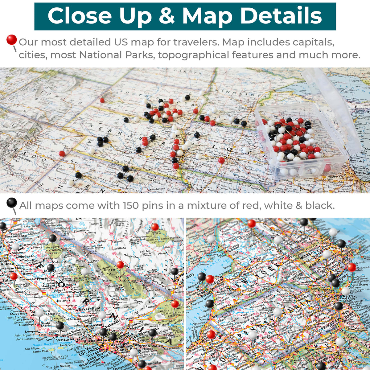 Classic USA Push Pin Travel Maps - Close up and Details