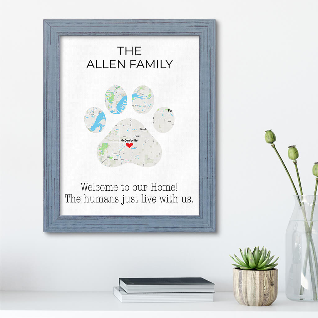 Personalized Cat Paw Print Map Art in Carnival Gray Frame