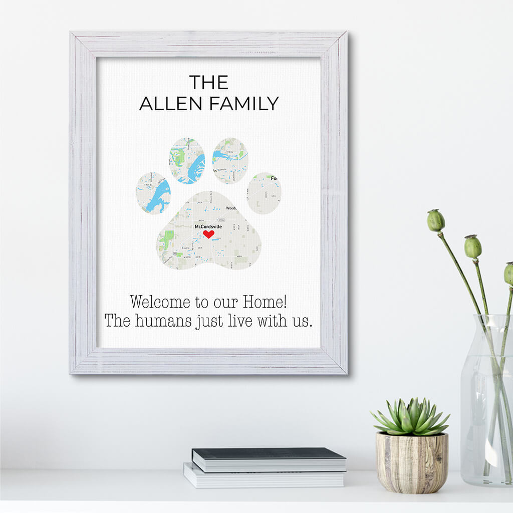Personalized Cat Paw Print Map Art in Carnival White Frame