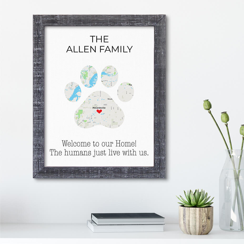 Personalized Cat Paw Print Map Art in Madison Gray Frame