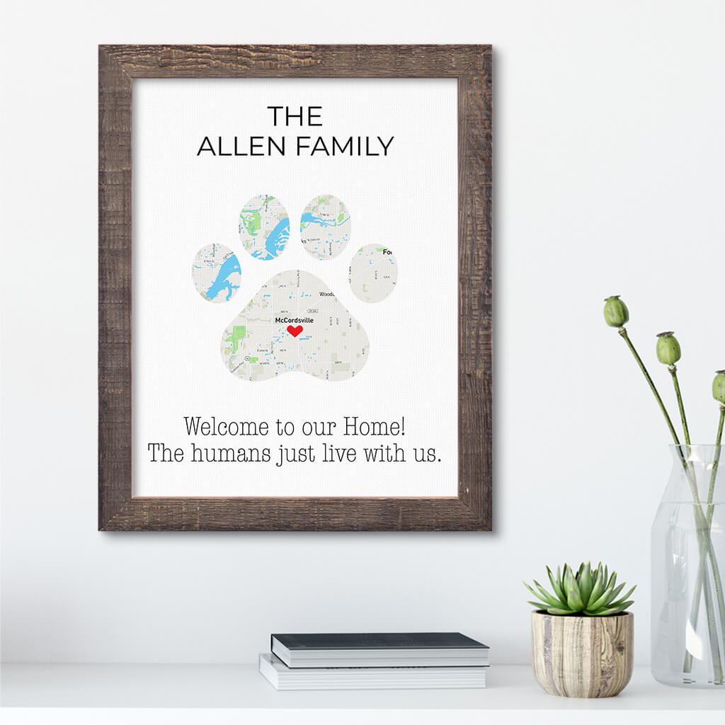 Personalized Cat Paw Print Map Art in Madison Natural Brown Frame