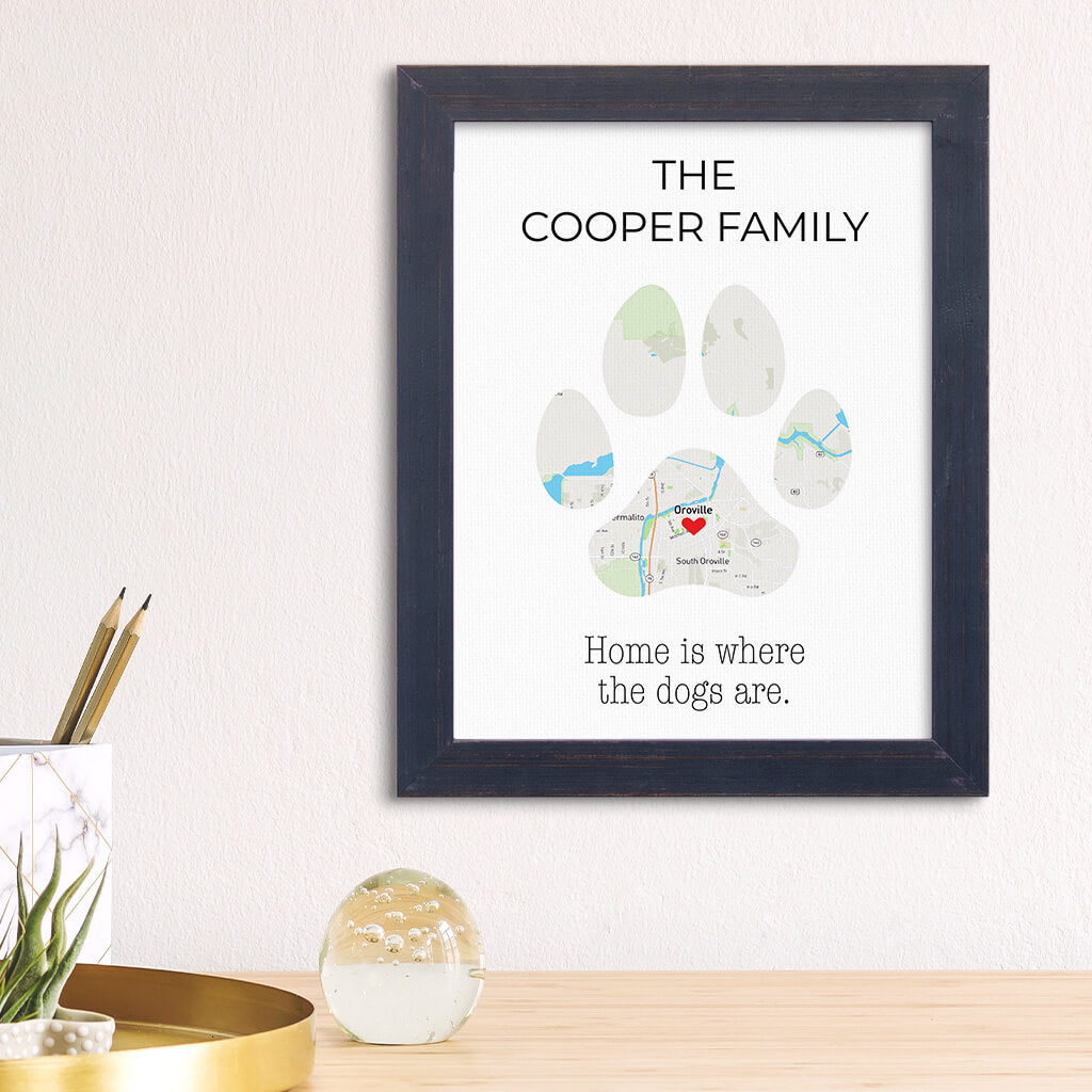 Customized Dog Paw Print Map Wall Art in Carnival Expresso Frame