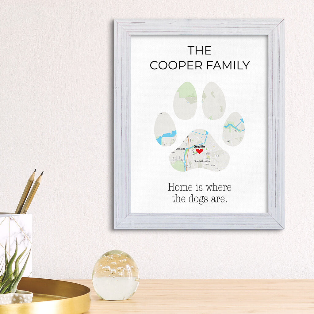Customized Dog Paw Print Map Wall Art in Carnival White Frame
