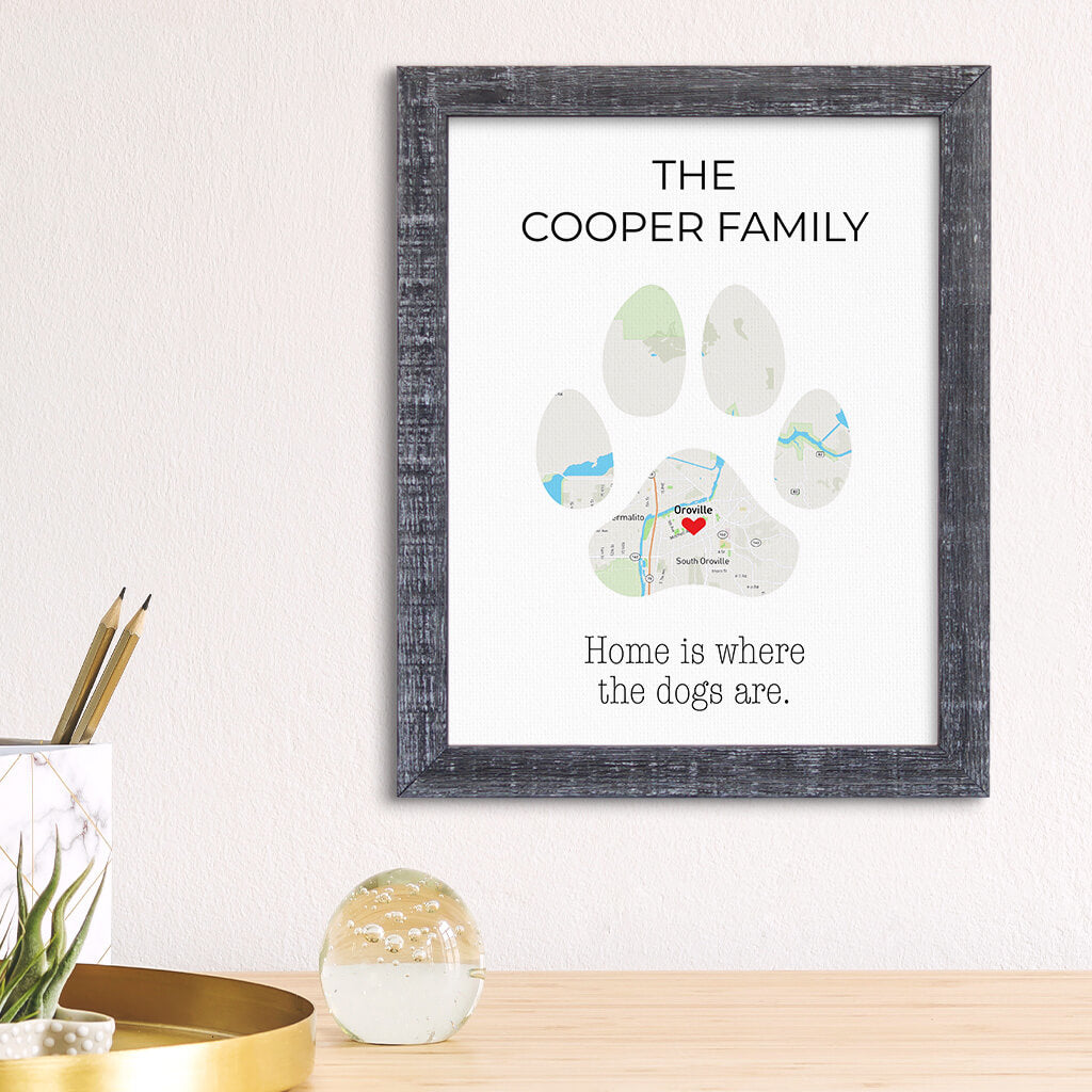 Personalized Puppy Paw Print Map Wall Art in Madison Gray Frame