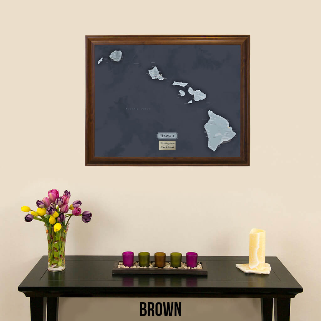Hawaii Slate Framed Travel Map with Pins in Brown Frame