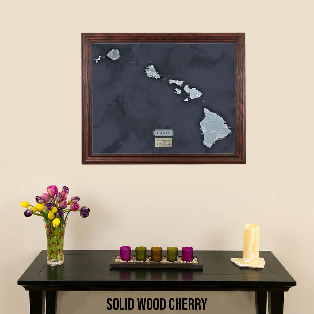 Hawaii Slate Framed Travel Map with Pins in Solid Wood Cherry Frame