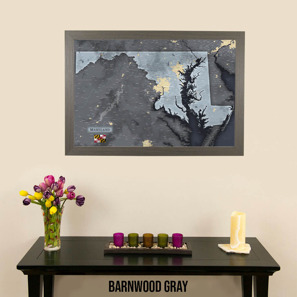 Framed Maryland State Slate Push Pin Travel Map in Barnwood Gray Frame