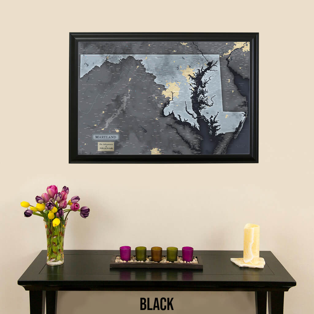 Framed Maryland State Slate Push Pin Travel Map in Black Frame