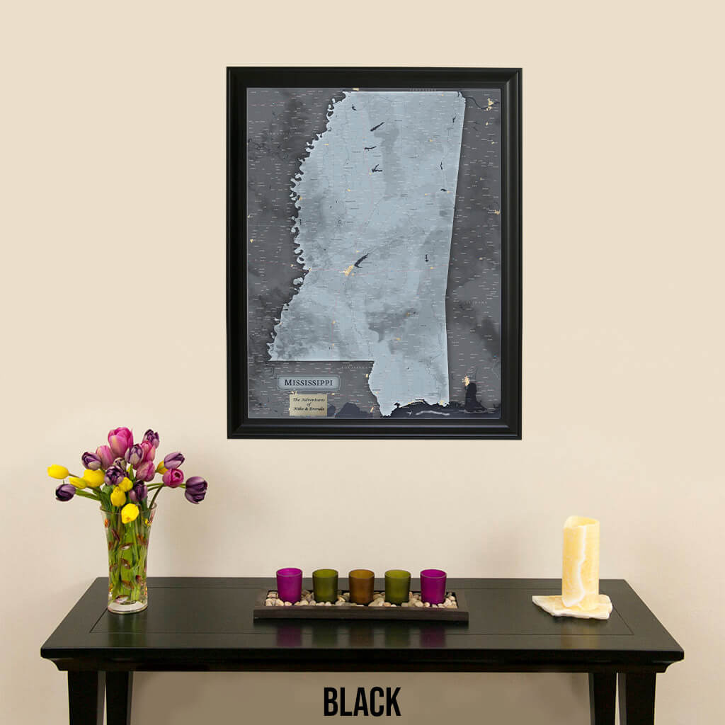 Mississippi Slate State Push Pin Travel Map in Black Frame