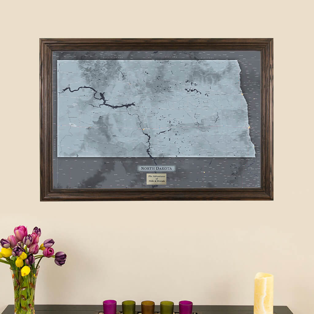 Framed Slate North Dakota Push Pin Wall Map with Pins