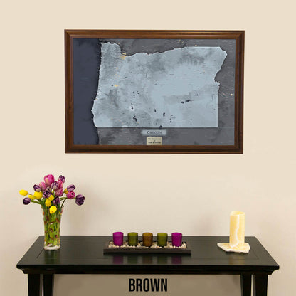 Framed Slate Oregon Push Pin Travel Maps in Brown Frame