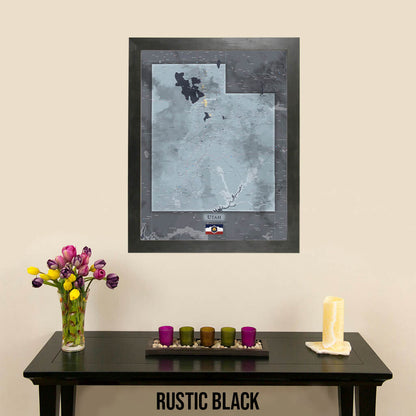 Framed Slate Utah State Push Pin Travel Map in Rustic Black Frame