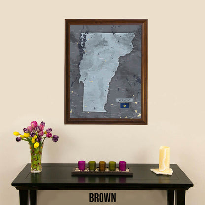 Framed Vermont Slate Travel Map with Pins in Brown Frame