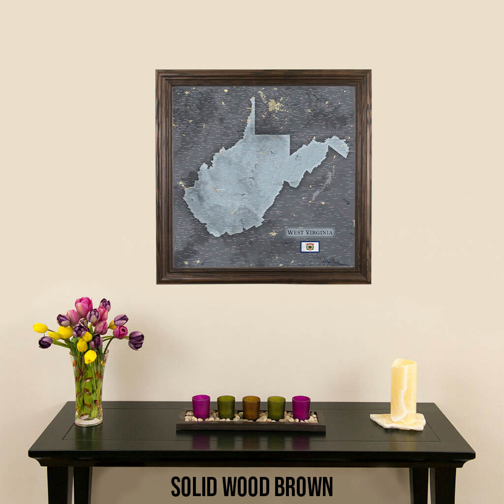 West Virginia Slate Push Pin Travel Map in Solid Wood Brown Frame