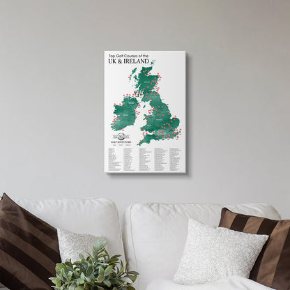 Top Golf Courses of The UK and Ireland Gallery Wrapped Canvas Maps in 16" x 24" size