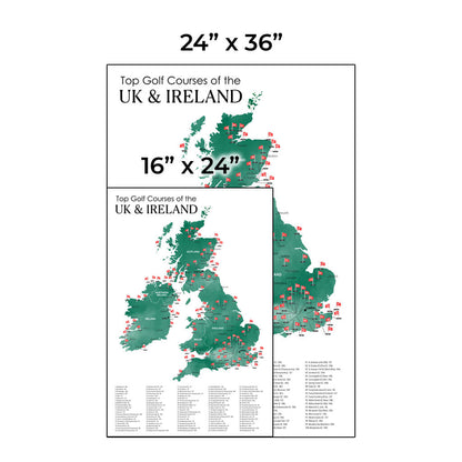 Size Comparison of The UK and Ireland  Top Golf Courses Map - Available in a 16" x 24" or 24" X 36" Size