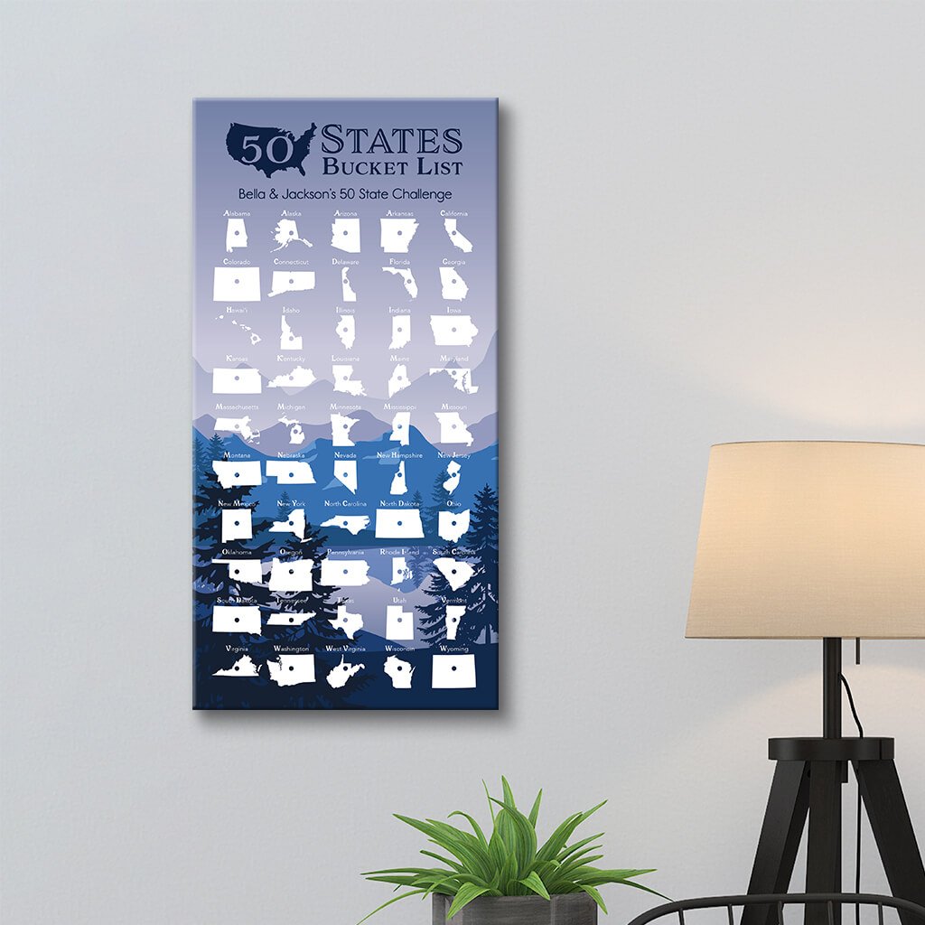 50 States Bucket List Tracker with Pins in Gallery Wrapped Style