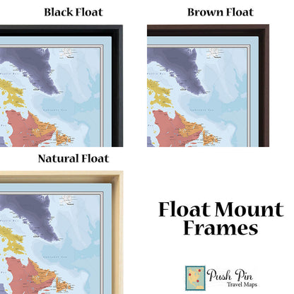 Real Wood Float Frame Options for Gallery Wrapped Blue Oceans North America Push Pin Travel Map