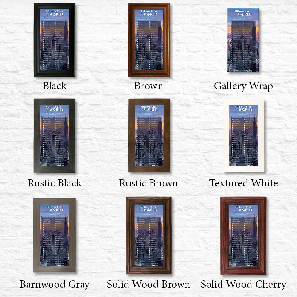 Iconic Cities of the World Bucket List Checklist Shown in Standard Frame Options