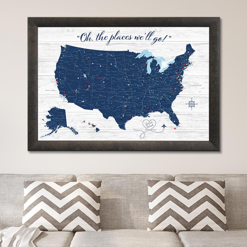 Dark Blue Canvas USA Anniversary Map in Antica Charcoal Frame