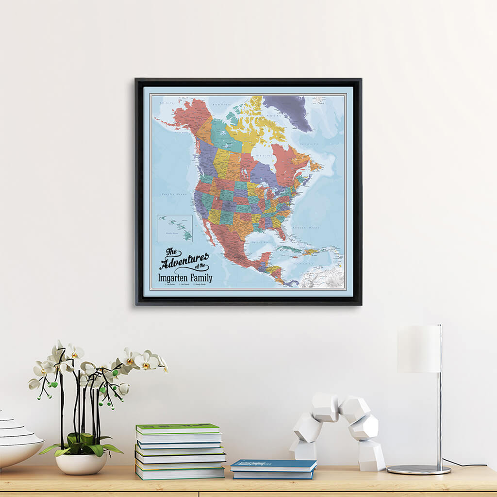 Gallery Wrapped 24&quot;x24&quot; Blue Oceans North America Map in Black Float Frame