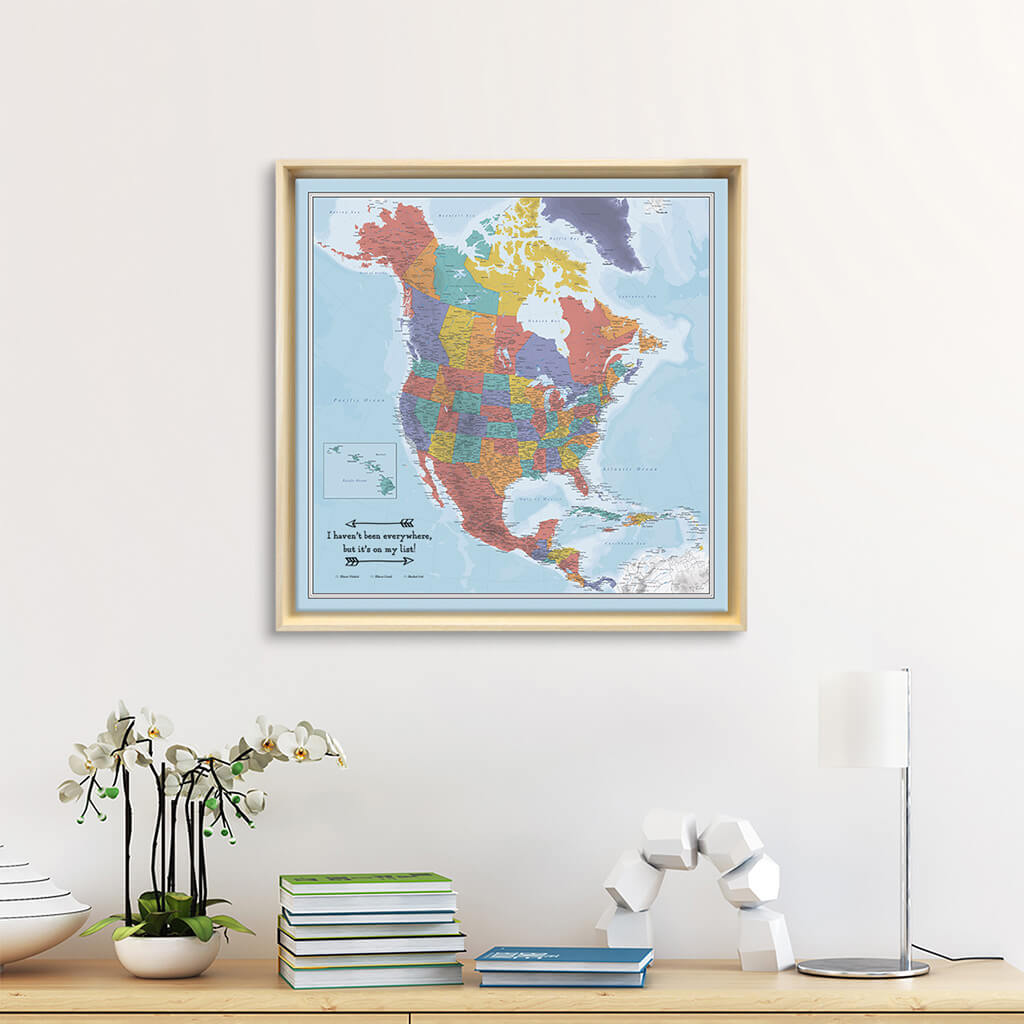 Gallery Wrapped 24&quot;x24&quot; Blue Oceans North America Map in Natural Tan Float Frame
