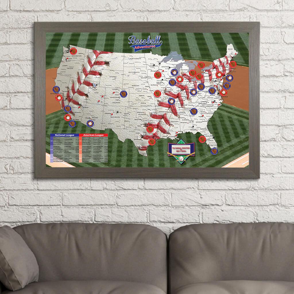 Baseball Adventures Map in Barnwood Gray Frame