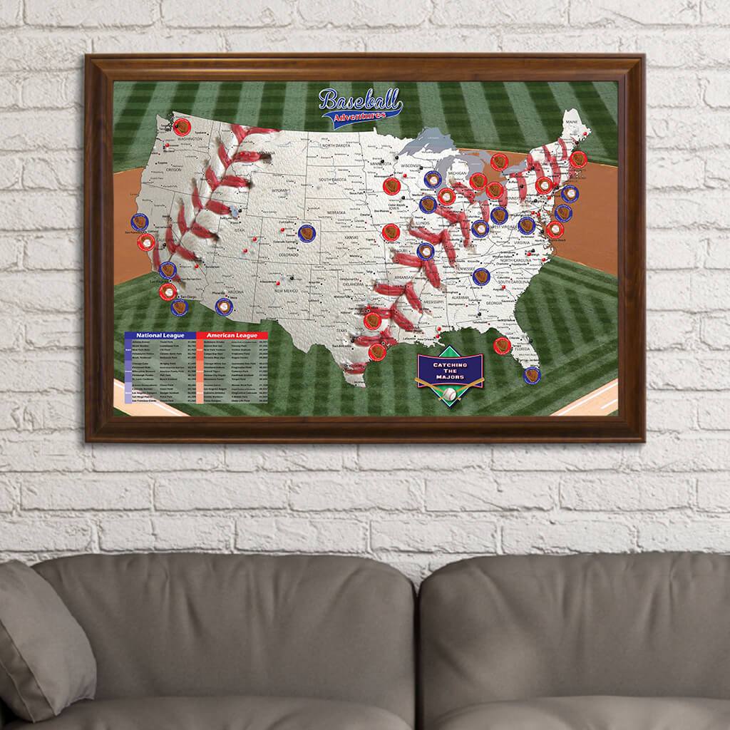 Baseball Adventures Map in Brown Frame