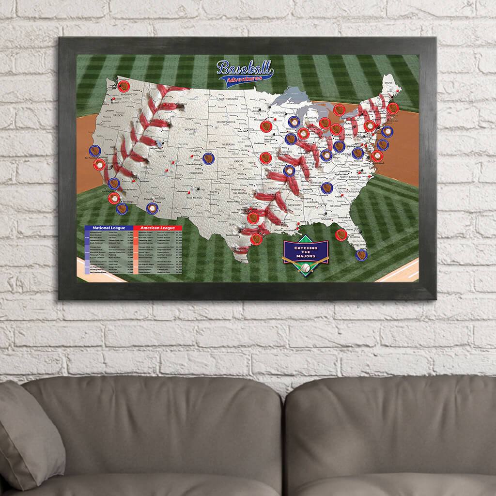 Baseball Adventures Map in Rustic Black Frame