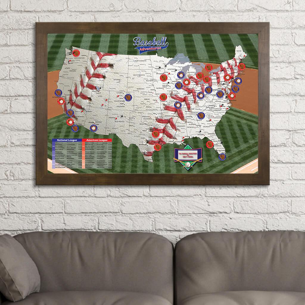 Baseball Adventures Map in Rustic Brown Frame