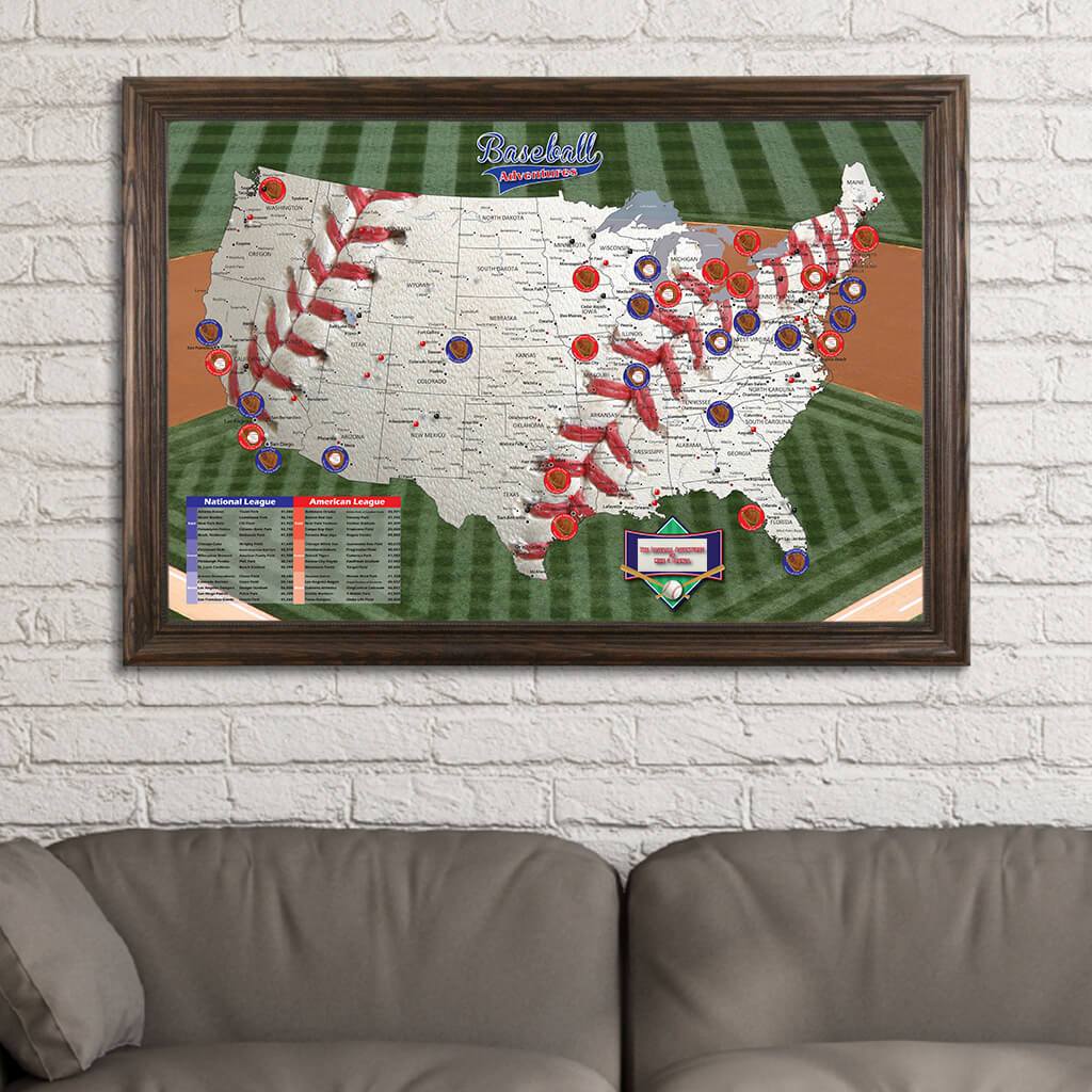 Baseball Adventures Map in Solid Wood Brown Frame
