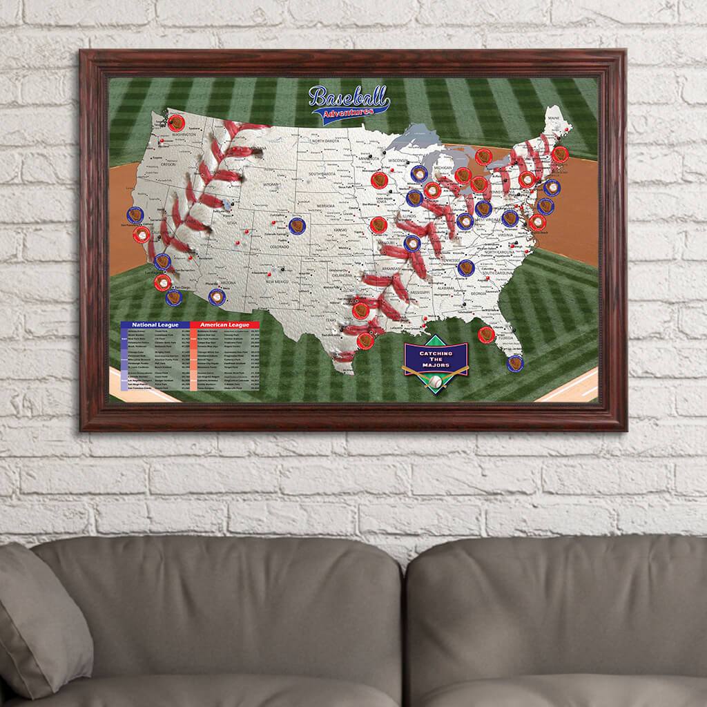 Baseball Adventures Map in Solid Wood Cherry Frame