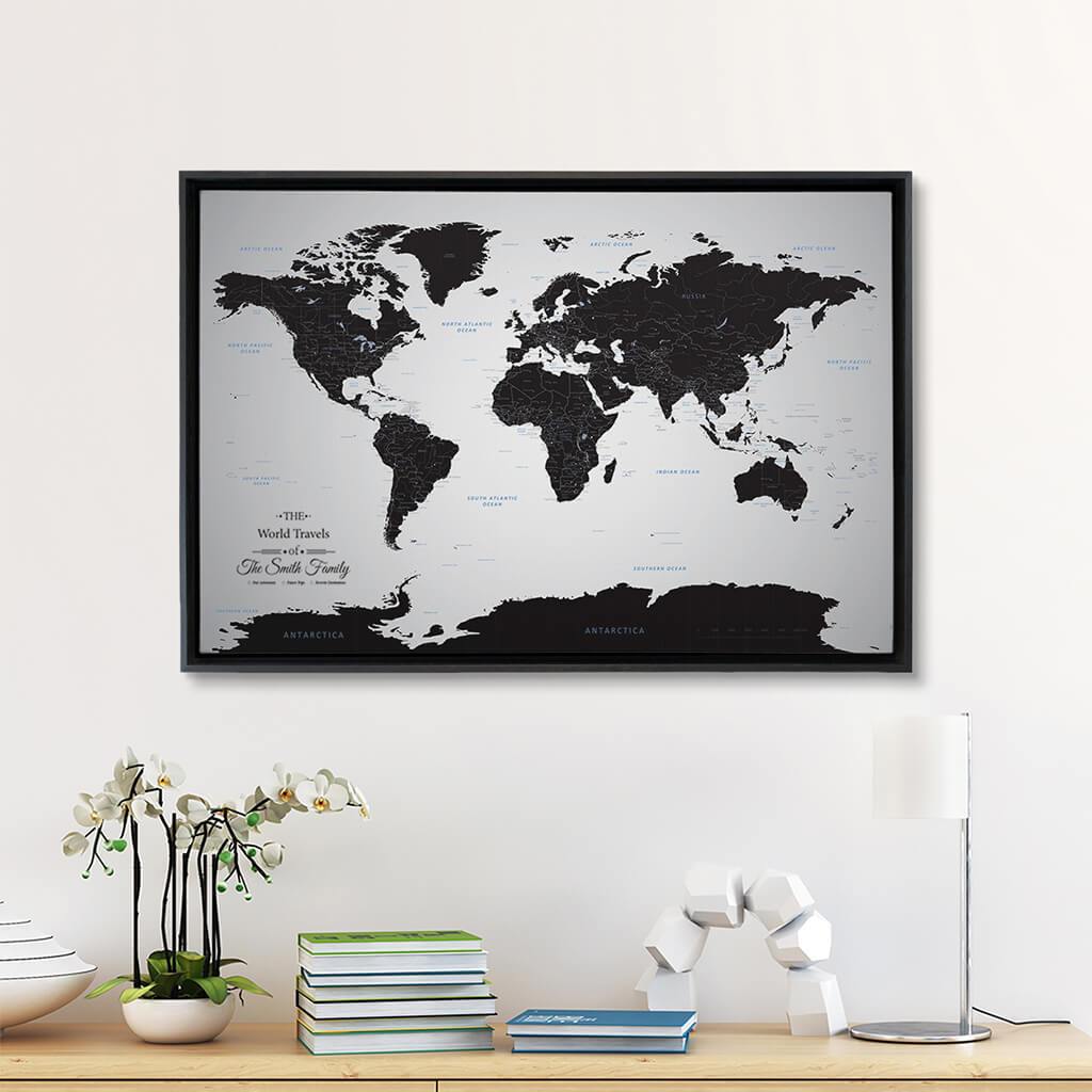 Black Float Frame - 24x36 Gallery Wrapped Canvas Black Ice World Map