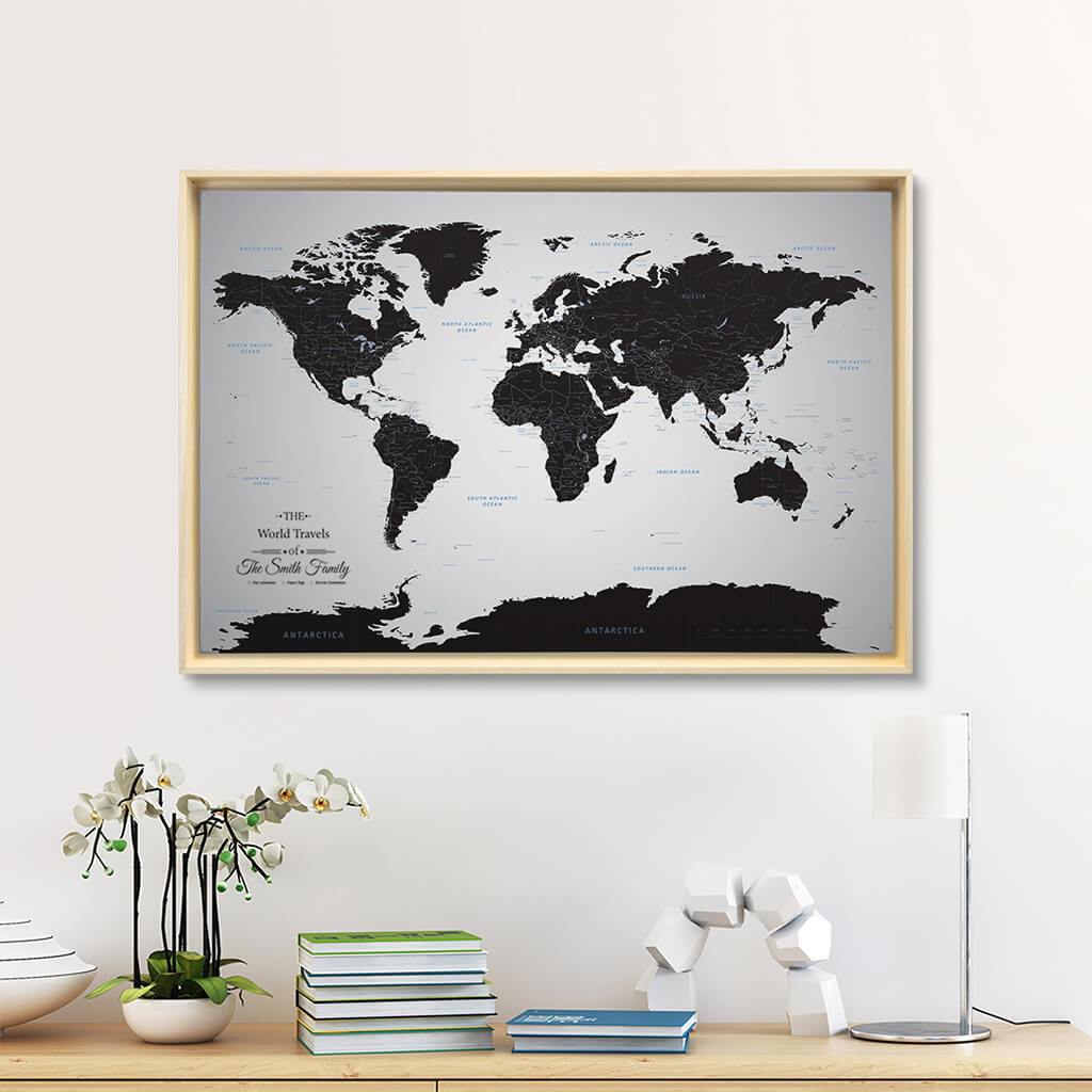 Natural Tan Float Frame - 24x36 Gallery Wrapped Canvas Black Ice World Map
