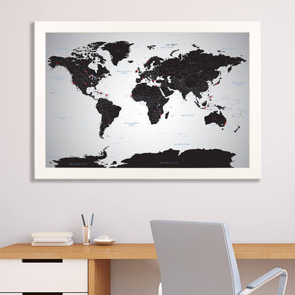 Canvas Black Ice World Map with Pins in Textured White Frame