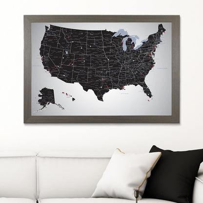 Black Ice USA Push Pin Travel Map in Barnwood Gray Frame