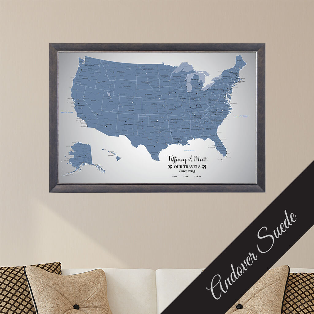 Framed Canvas Blue Ice US Travel Map in Premium Andover Suede Frame
