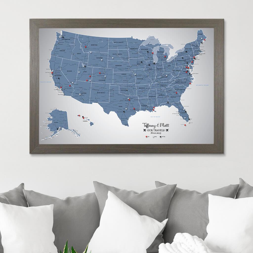Framed Canvas Blue Ice US Travelers Map with Pins in Barnwood Gray Frame