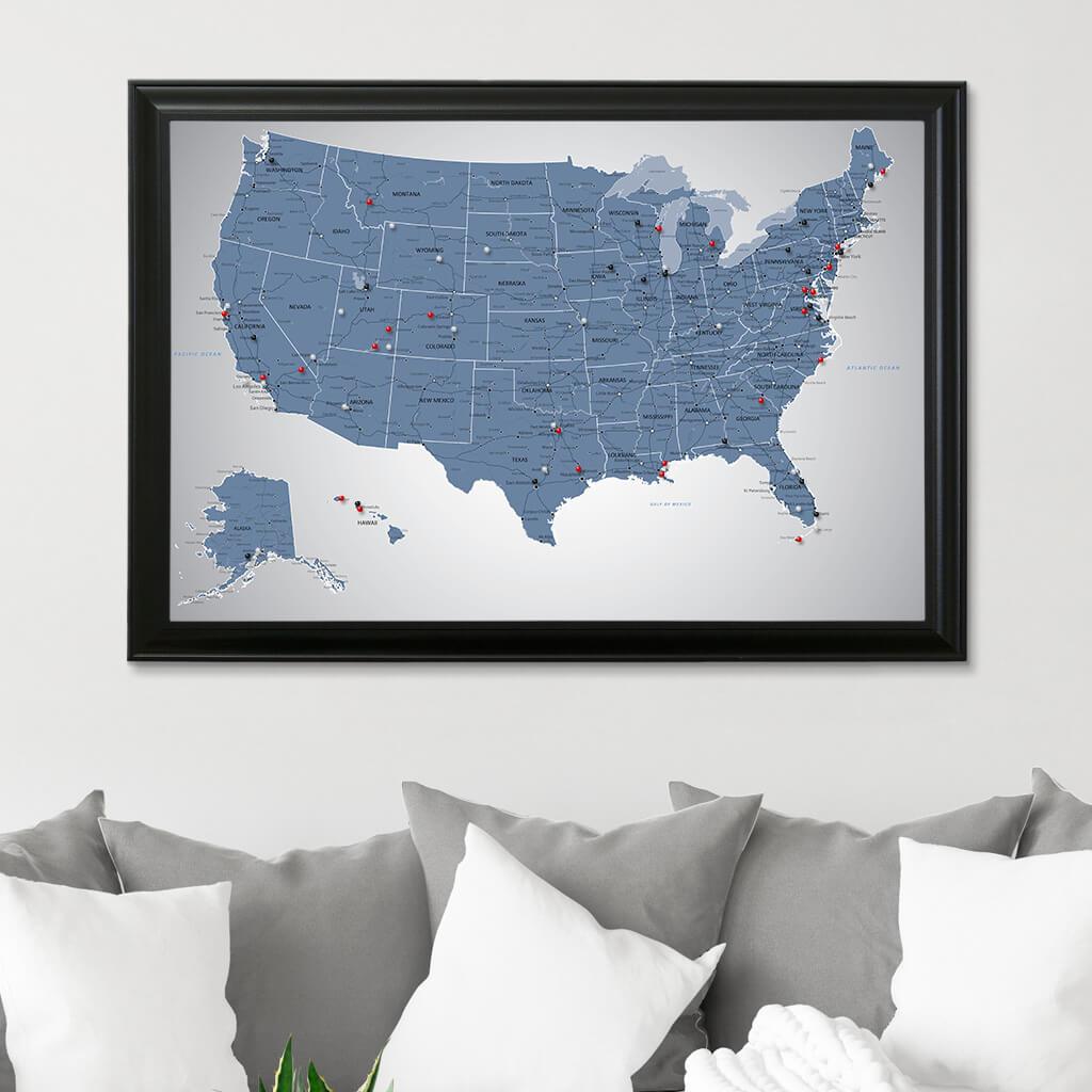 Framed Canvas Blue Ice US Travelers Map with Pins Black Frame