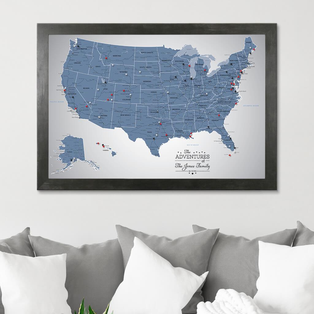 Framed Canvas Blue Ice US Travelers Map with Pins in Rustic Black Frame