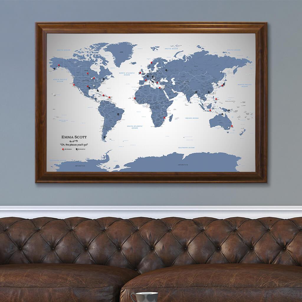 Canvas Blue Ice World Travel Map with Brown Frame