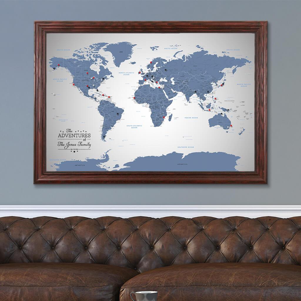 Canvas Blue Ice World Push Pin Travel Map in Solid Wood Cherry Frame