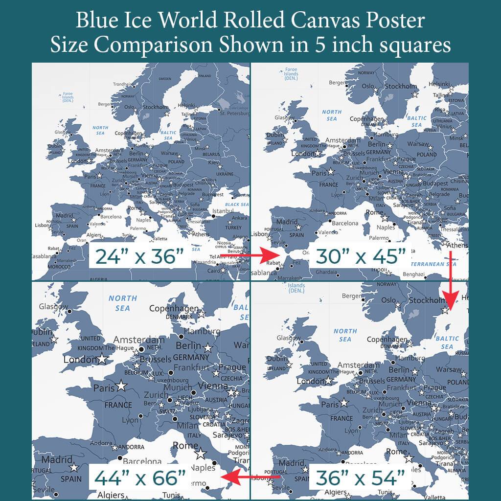 Font Size Comparison of Europe on 4 Poster Sizes