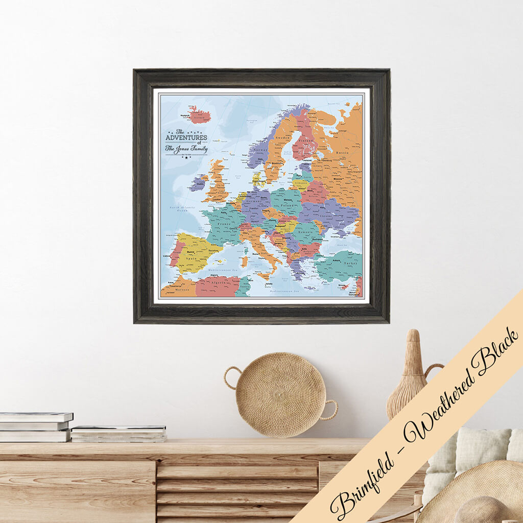 Canvas Blue Oceans Europe Travel Map - Brimfield Weathered Black Frame