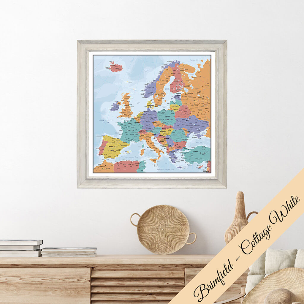 Canvas Blue Oceans Europe Travel Map - Brimfield Cottage White Frame