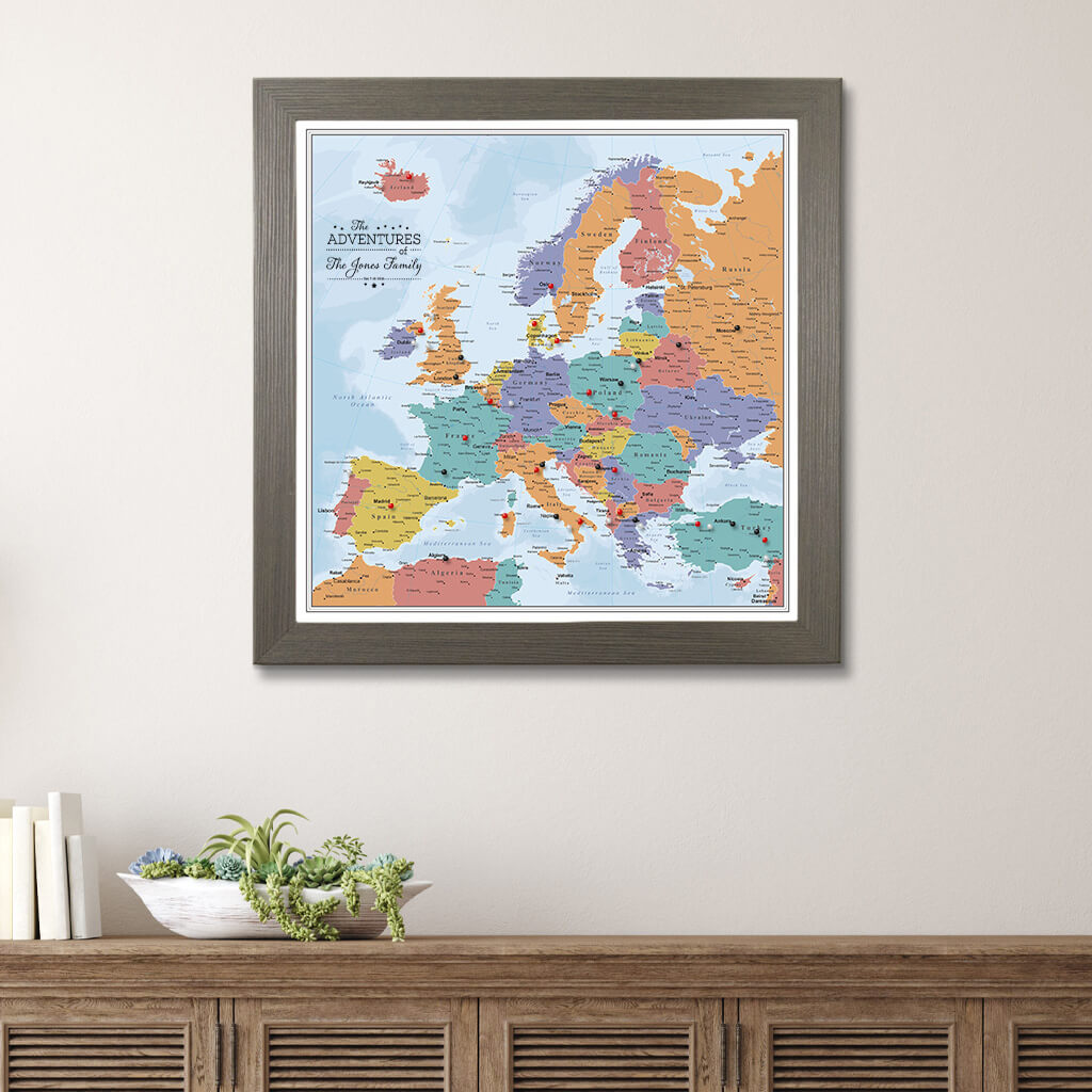 Canvas Blue Oceans Europe Travel Map - Barnwood Gray Frame
