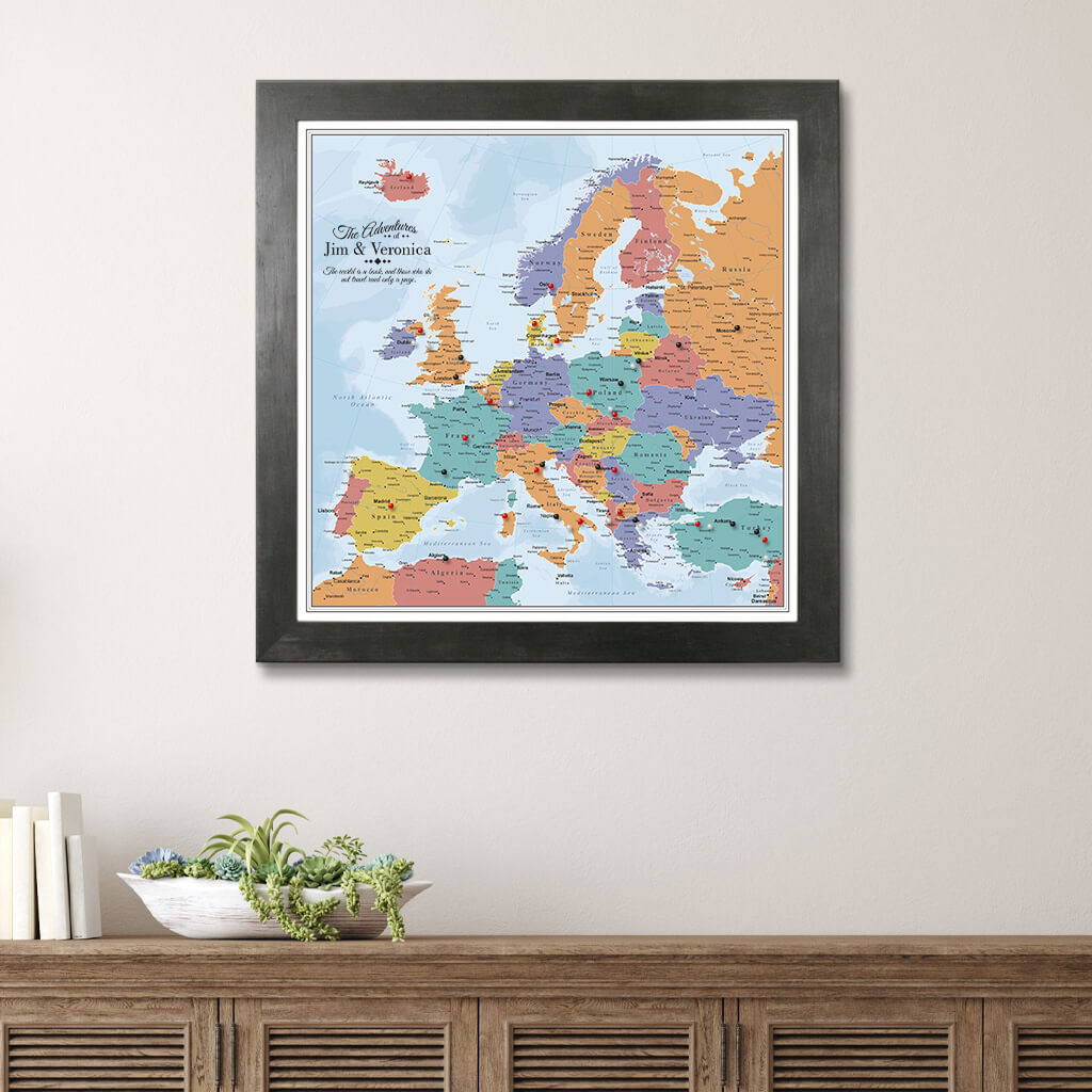 Canvas Blue Oceans Europe Travel Map - Rustic Black Frame