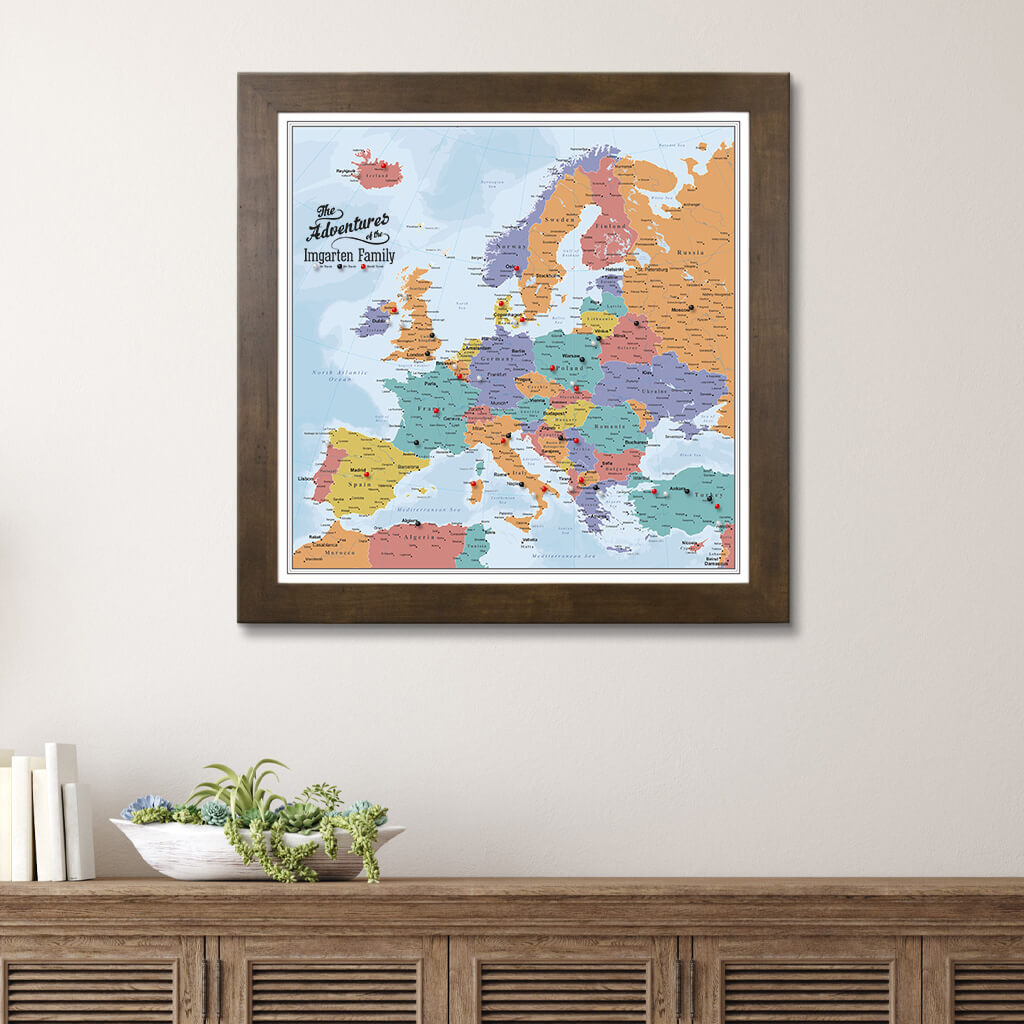 Canvas Blue Oceans Europe Travel Map - Rustic Brown Frame