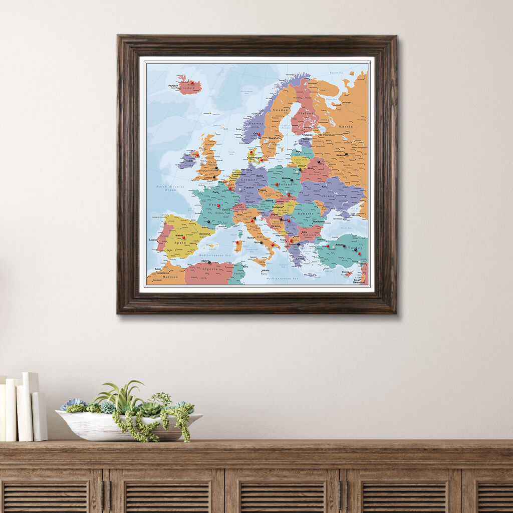 Canvas Blue Oceans Europe Travel Map - Solid Wood Brown Frame
